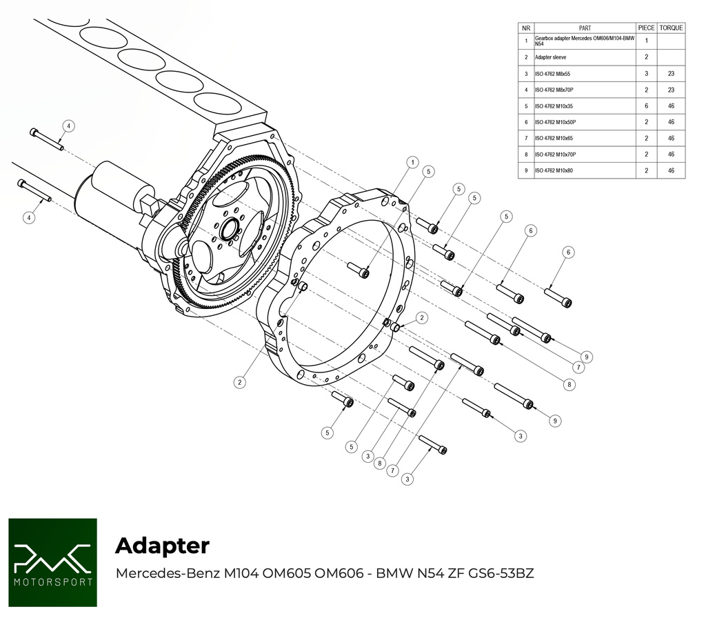 PMC Adapter Kit Mercedes-Benz M104 OM605 OM606 - BMW M57N HGD JGA - 240mm / 9.45"