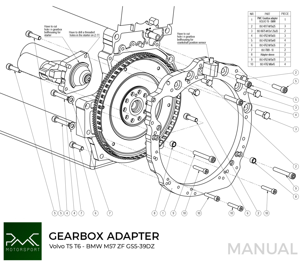 PMC Adapter Kit Volvo T - BMW M57N HGD JGA HGA - 240mm / 9.45"