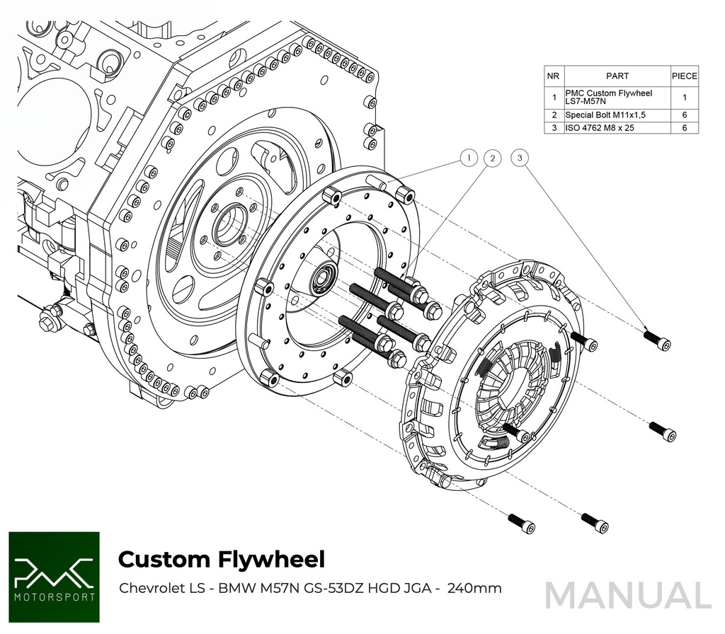 PMC Adapter Kit GM Chevrolet LS - BMW M57N HGD JGA - 240mm / 9.45"