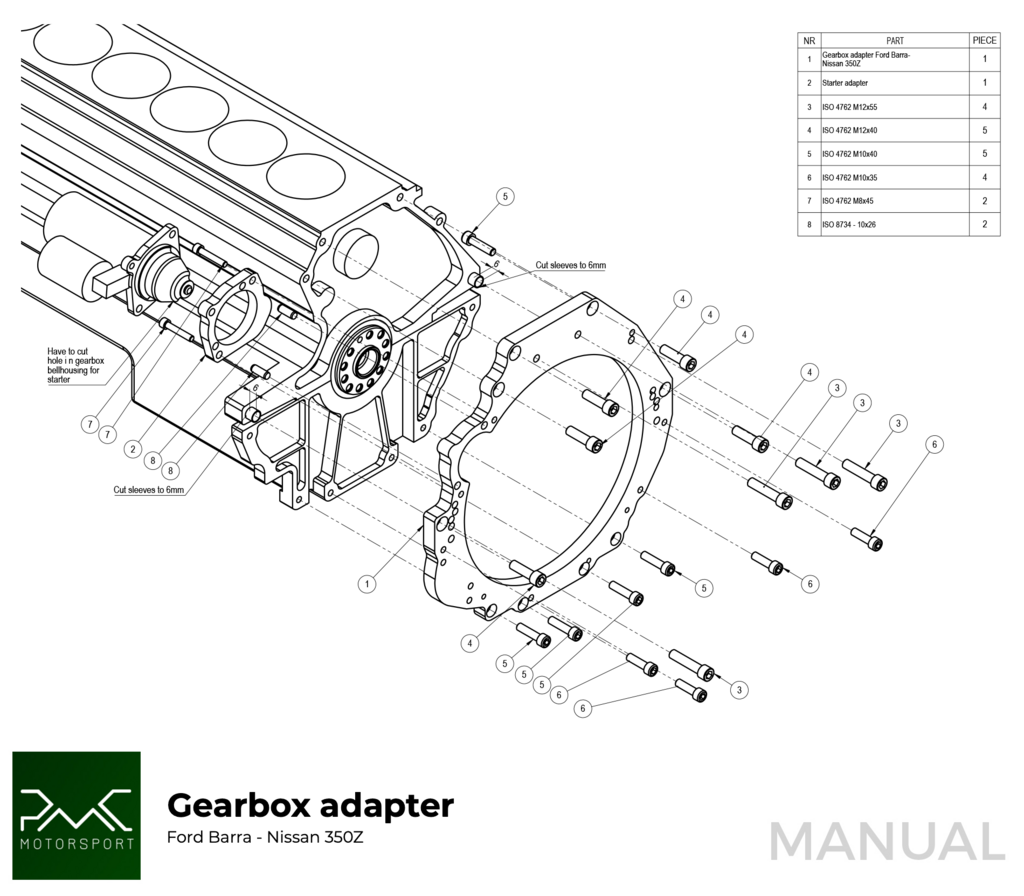 PMC Adapter Kit Ford Barra - Nissan 350Z Z33 370Z Z34 - 250mm / 9.84"