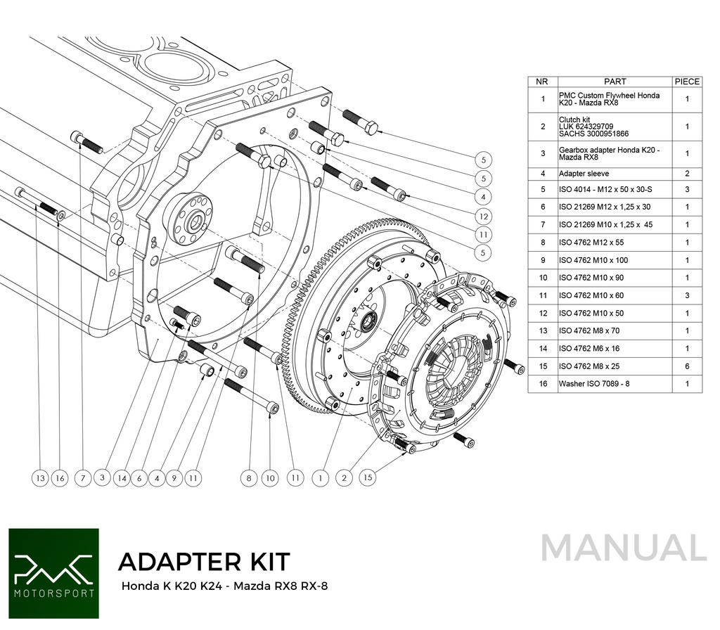 PMC Adapter Kit Honda K - Mazda RX-8 6-speed - 240mm / 9.45"