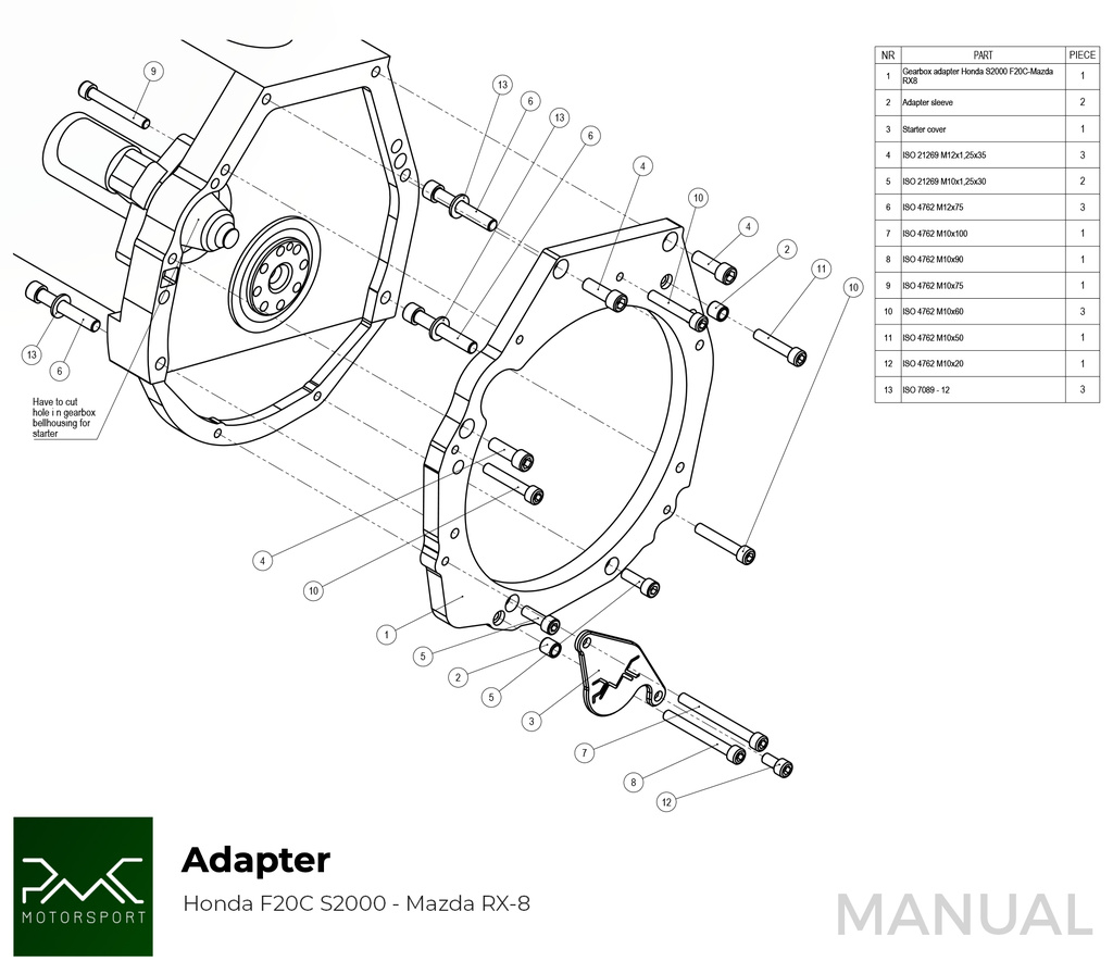 PMC Adapter Kit Honda S2000 - Mazda RX-8 6-speed - 240mm / 9.45"