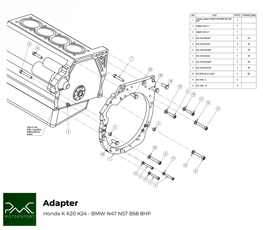 PMC Adapter Kit Honda K K20 K24 - BMW ZF 8HP70 N57 N57N  / ZF 8HP50 B58