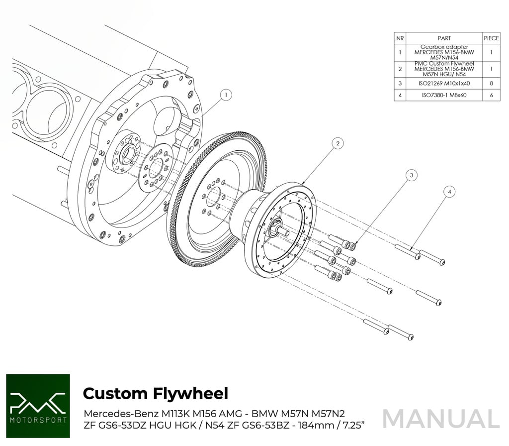 PMC Adapter Kit Mercedes-Benz M113 - BMW M57N HGU HGK / N54 - 184mm / 7.25" (P)