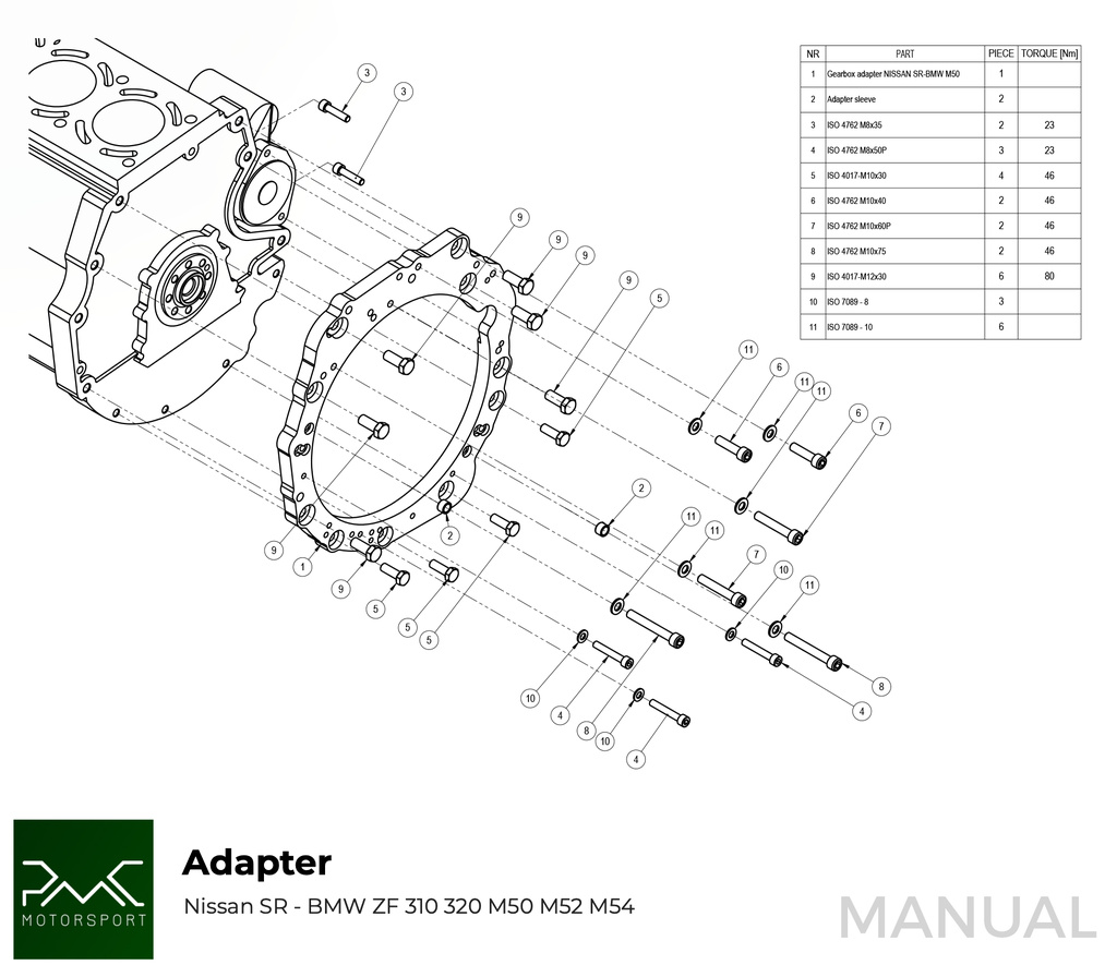 PMC Adapter Kit Nissan SR - BMW M57 / E46 S54 M3 - 240mm / 9.45"
