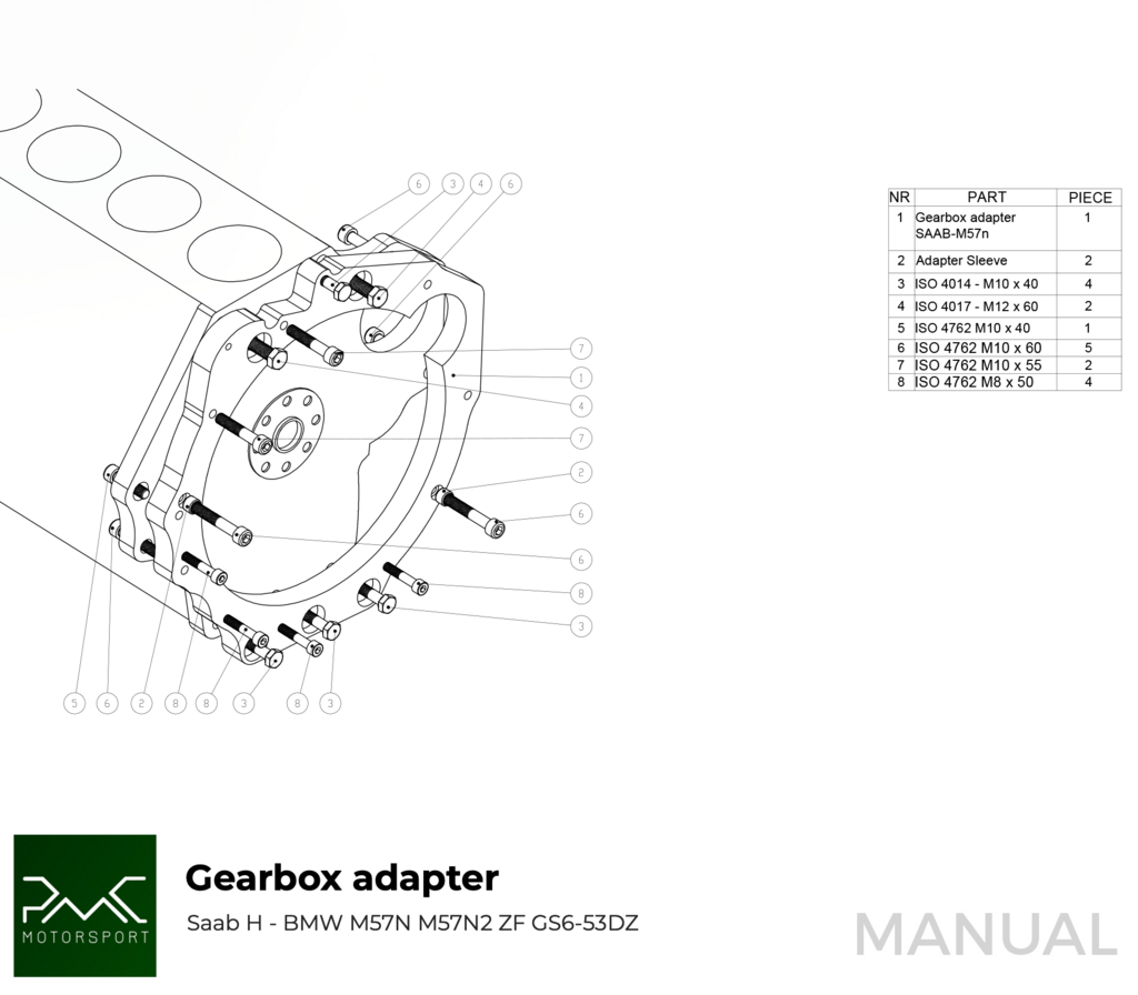 PMC Adapter kit Saab H - BMW M57N HGD JGA - 240mm / 9.45"