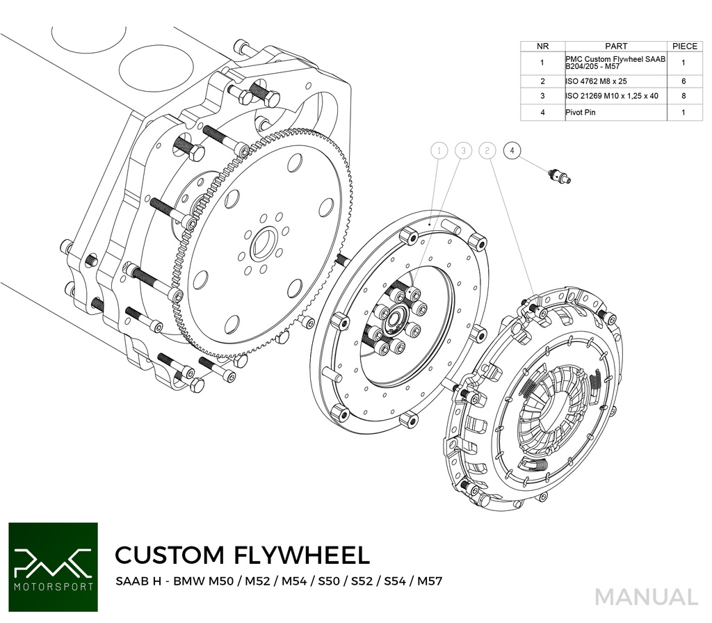 PMC Adapter kit Saab H - BMW M50 S50 M52 S52 M54 - 240mm / 9.45"