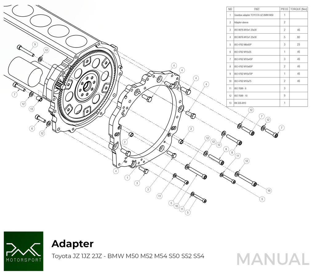 PMC Adapter kit Toyota JZ 1JZ 2JZ - BMW M50 S50 M52 S52 M54 - 240mm / 9.45"