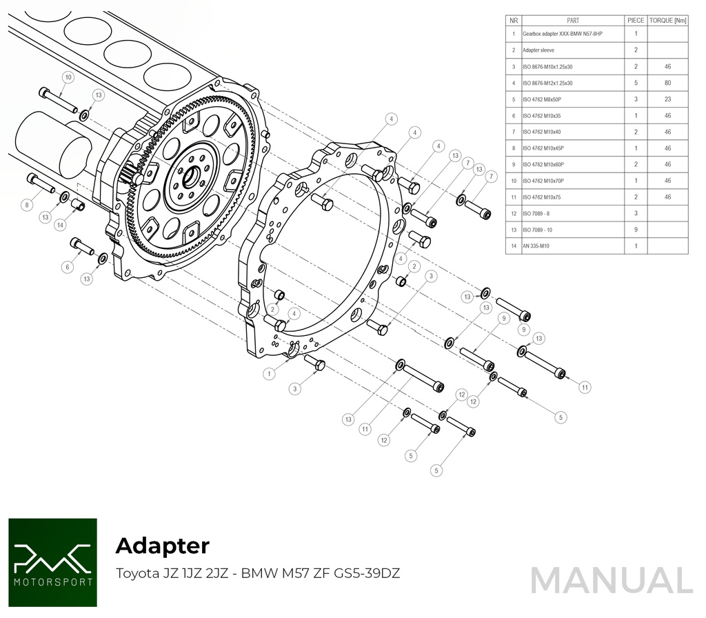 PMC Adapter kit Toyota JZ 1JZ 2JZ - BMW M57N M57N2 6-speed HGD JGA HGA - 240mm / 9.45"