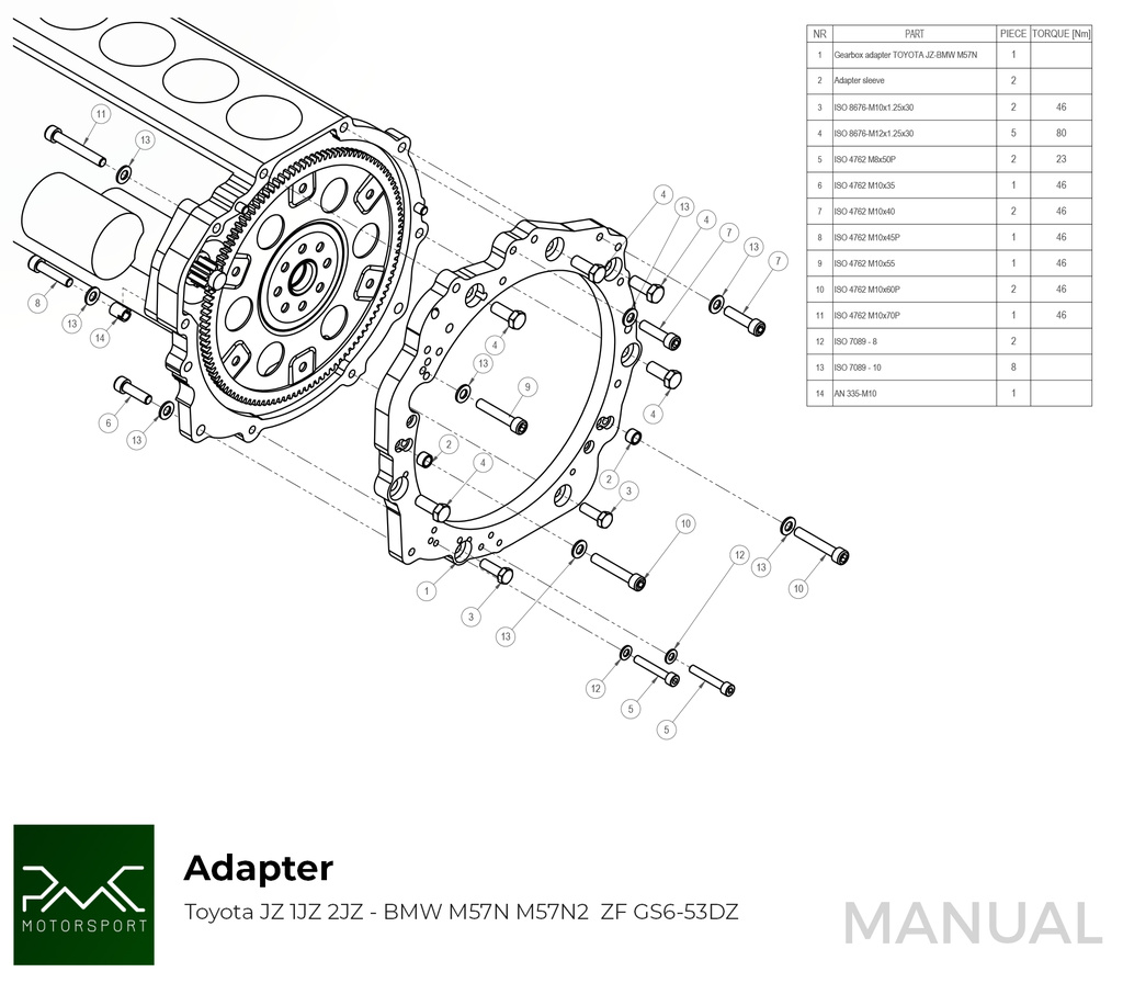 PMC Adapter Kit Toyota JZ - BMW M57N HGU HGK / N54 - 240mm / 9.45"