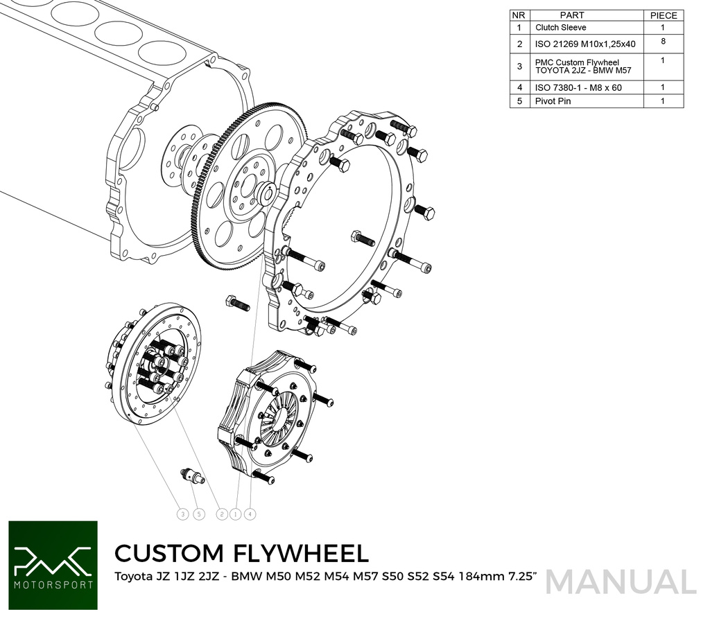 PMC Adapter kit Toyota JZ 1JZ 2JZ - BMW M50 S50 M52 S52 M54 - 184mm / 7.25"