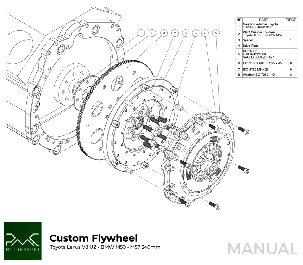 PMC Adapter Kit Toyota UZ - BMW M57 / E46 S54 M3 - 240mm / 9.45"