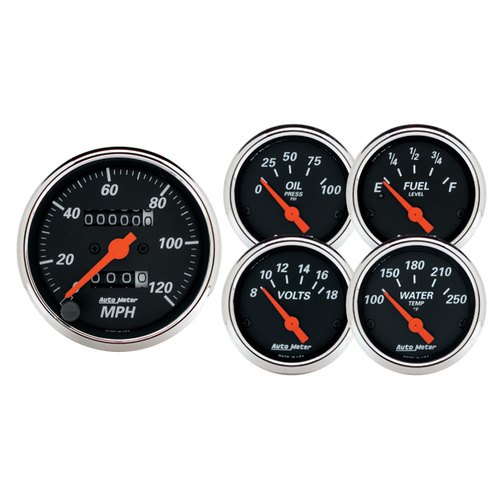 5 Pc. Gauge Kit, 3-1/8" & 2-1/16", Mech. Speedometer, Designer Black