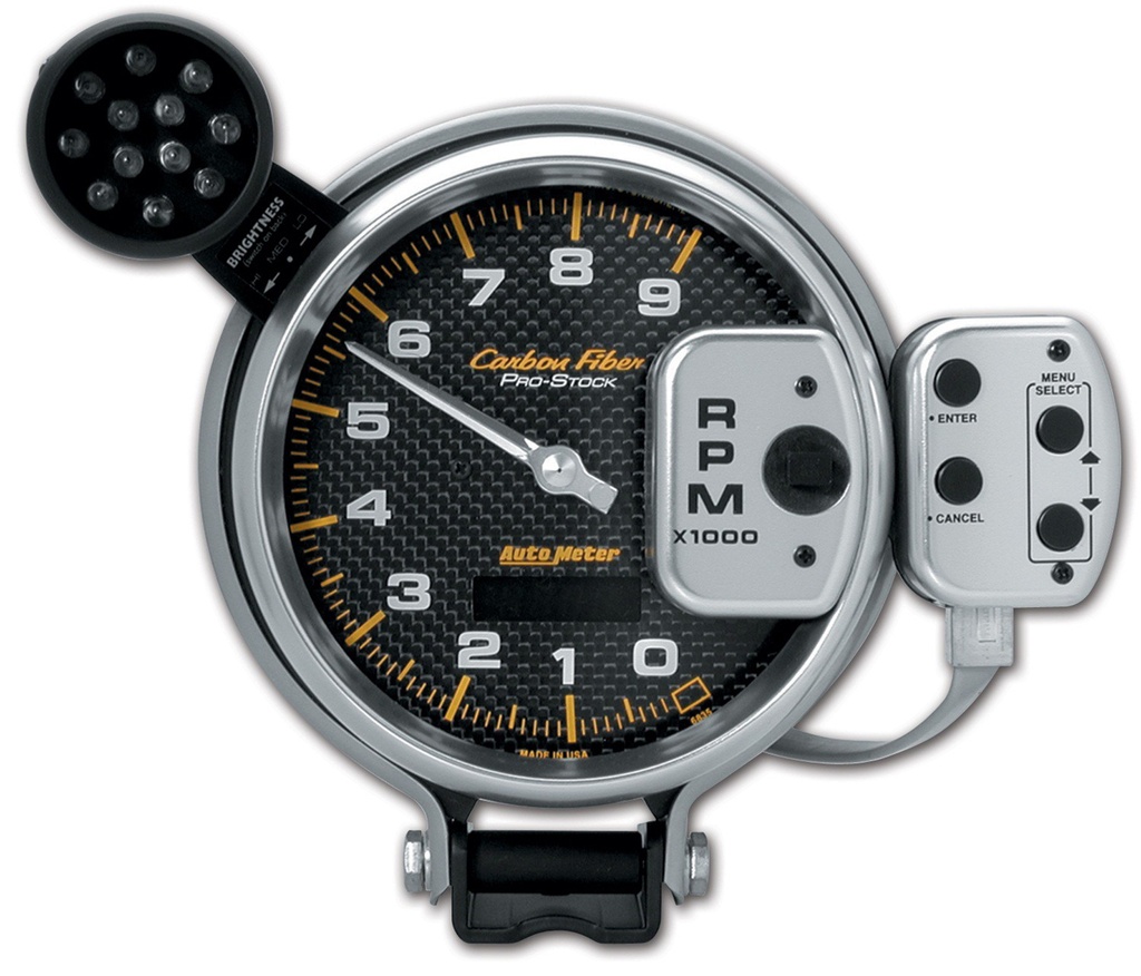 5" Tachometer, 0-9000 Rpm, Pro-Stock Pedestal W/ Super Lite & Peak Mem, Carbon Fiber