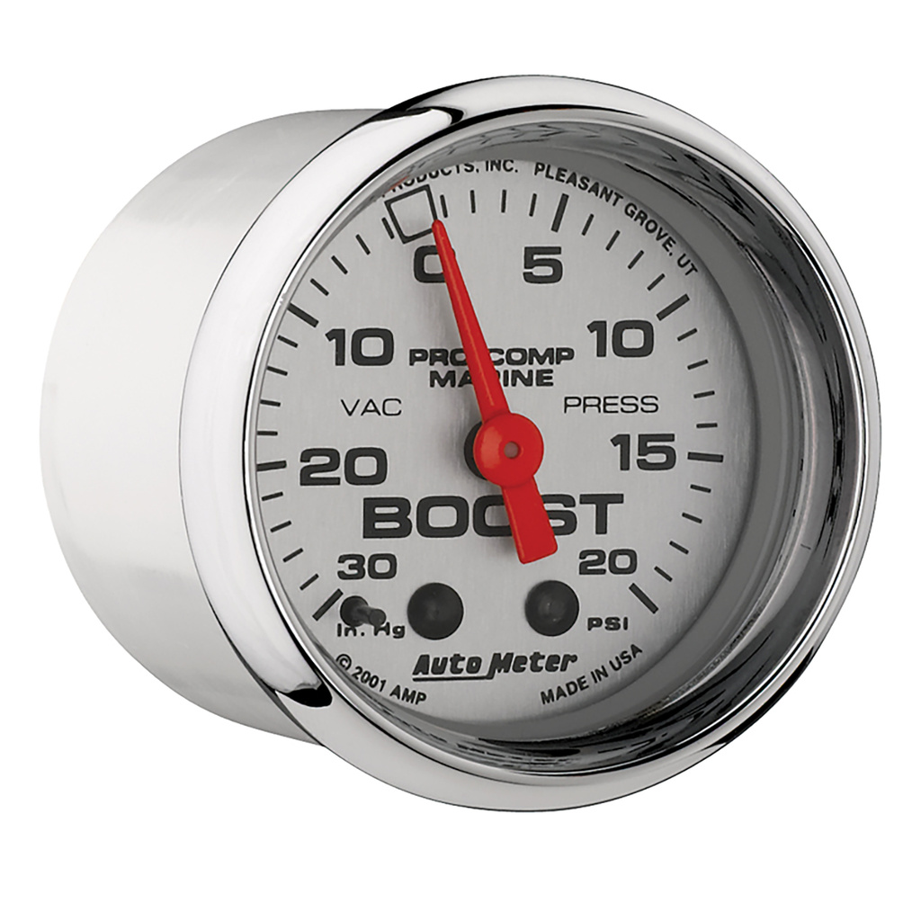 2-1/16" Vacuum/Boost, 30 In Hg/20 Psi, Marine Chrome Ultra-Lite